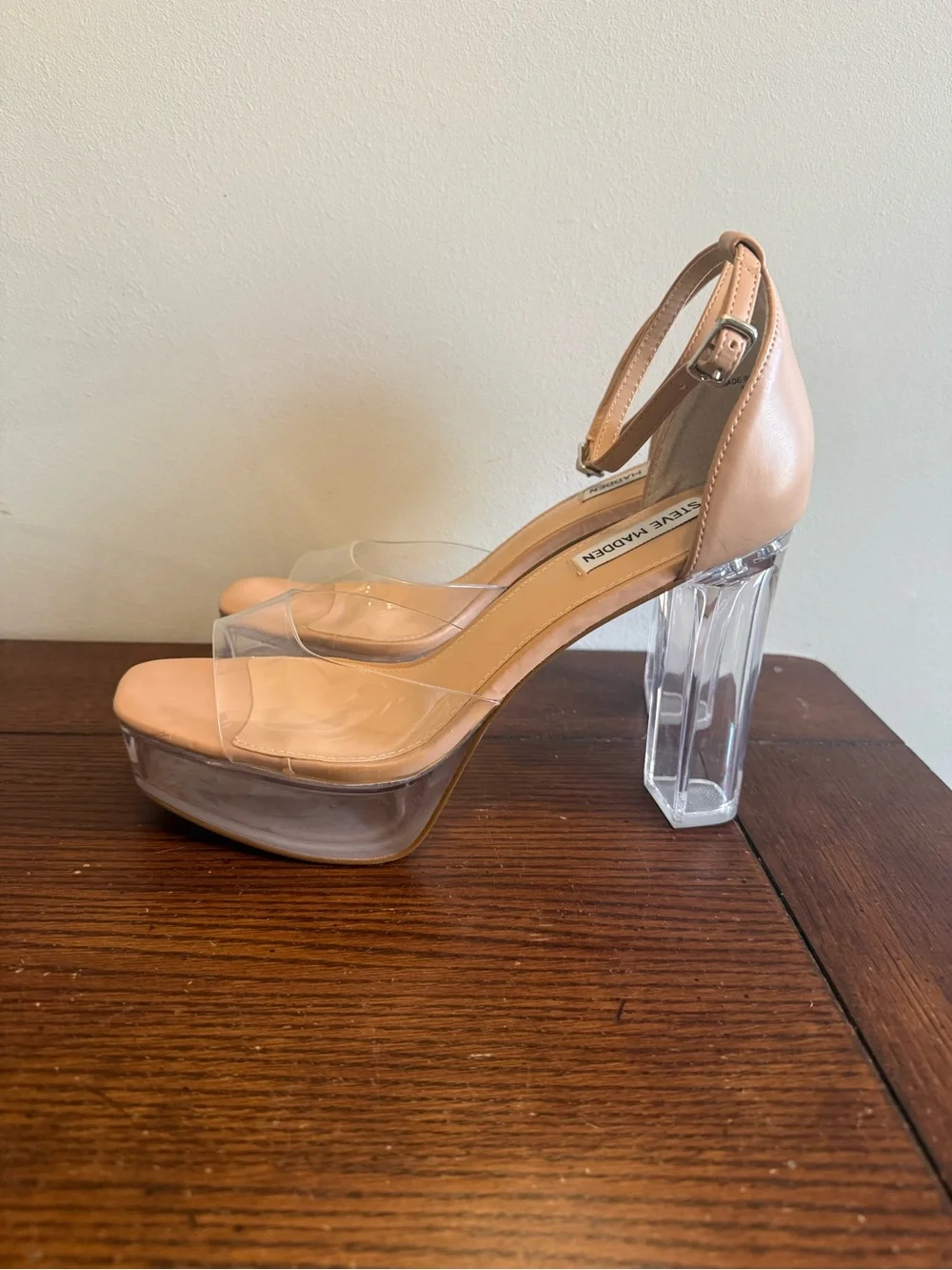 Steve Madden Anna C Nude Clear Strap Platform Heels  ankle strap